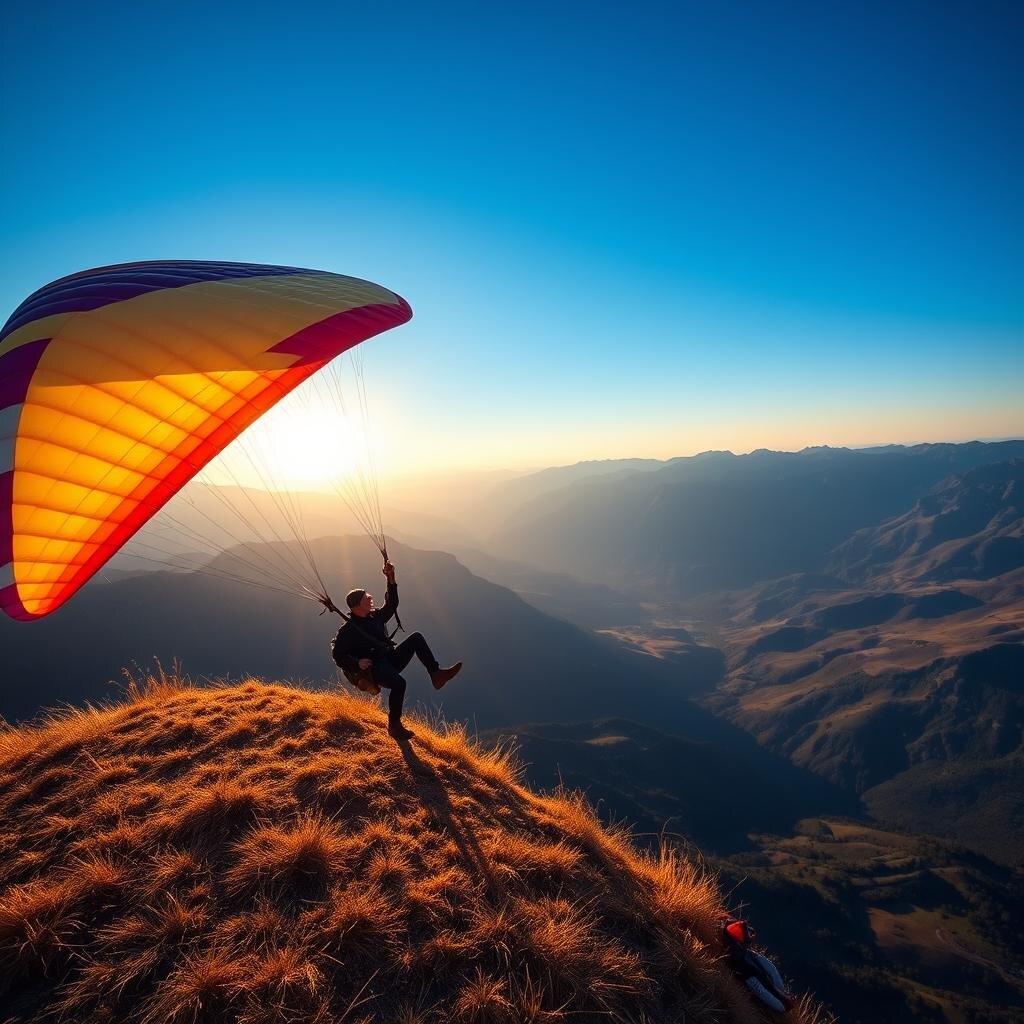 Tandem paraglider launching from a mountain ridge